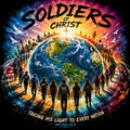 Vibrant digital artwork featuring the text 'SOLDIERS OF CHRIST' at the top and 'TAKING HIS LIGHT TO EVERY NATION MATTHEW 28:19' at the bottom. A stylized globe of Earth is centered, surrounded by illustrated soldiers viewed from behind wearing 'SOC' patches, with birds and city silhouettes against a colorful cosmic background.