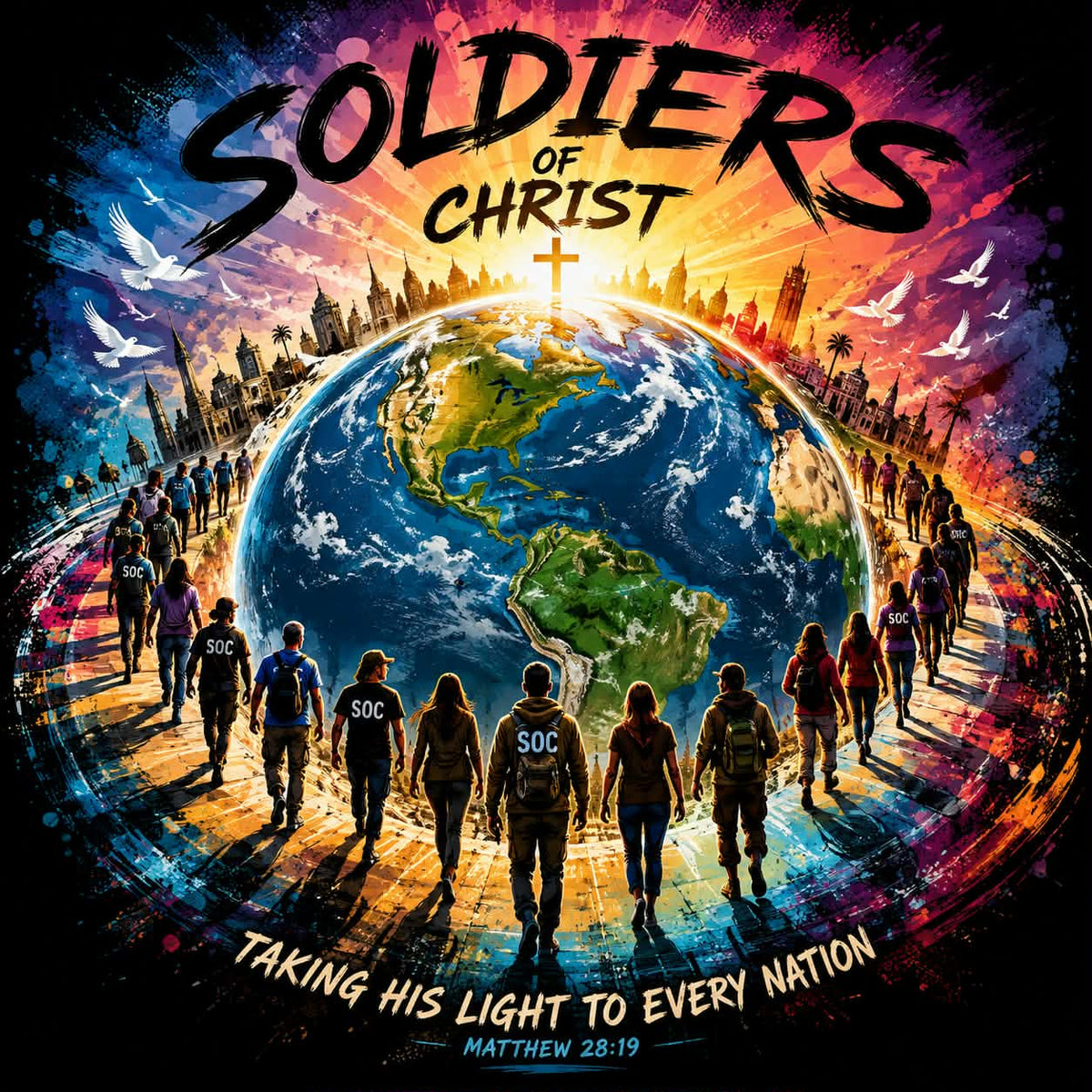Vibrant digital artwork featuring the text 'SOLDIERS OF CHRIST' at the top and 'TAKING HIS LIGHT TO EVERY NATION MATTHEW 28:19' at the bottom. A stylized globe of Earth is centered, surrounded by illustrated soldiers viewed from behind wearing 'SOC' patches, with birds and city silhouettes against a colorful cosmic background.