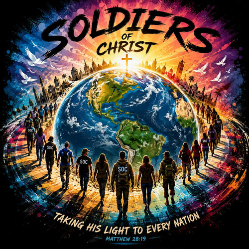 Vibrant digital artwork featuring the text 'SOLDIERS OF CHRIST' at the top and 'TAKING HIS LIGHT TO EVERY NATION MATTHEW 28:19' at the bottom. A stylized globe of Earth is centered, surrounded by illustrated soldiers viewed from behind wearing 'SOC' patches, with birds and city silhouettes against a colorful cosmic background.